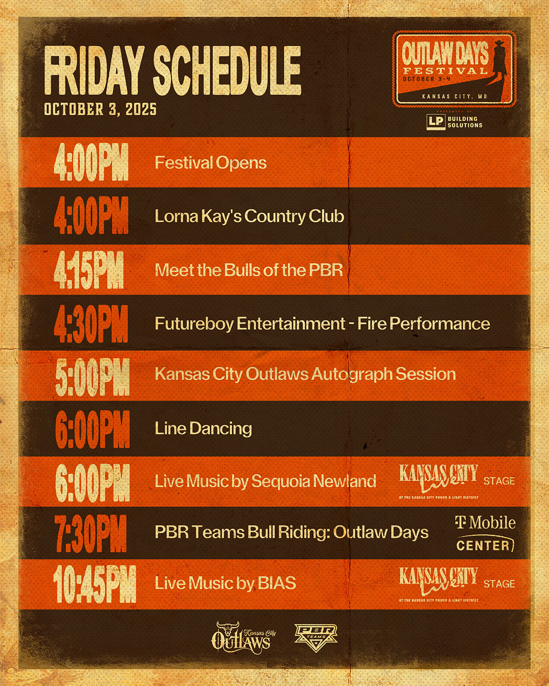 Friday Schedule for Outlaw Days Festival 2025
