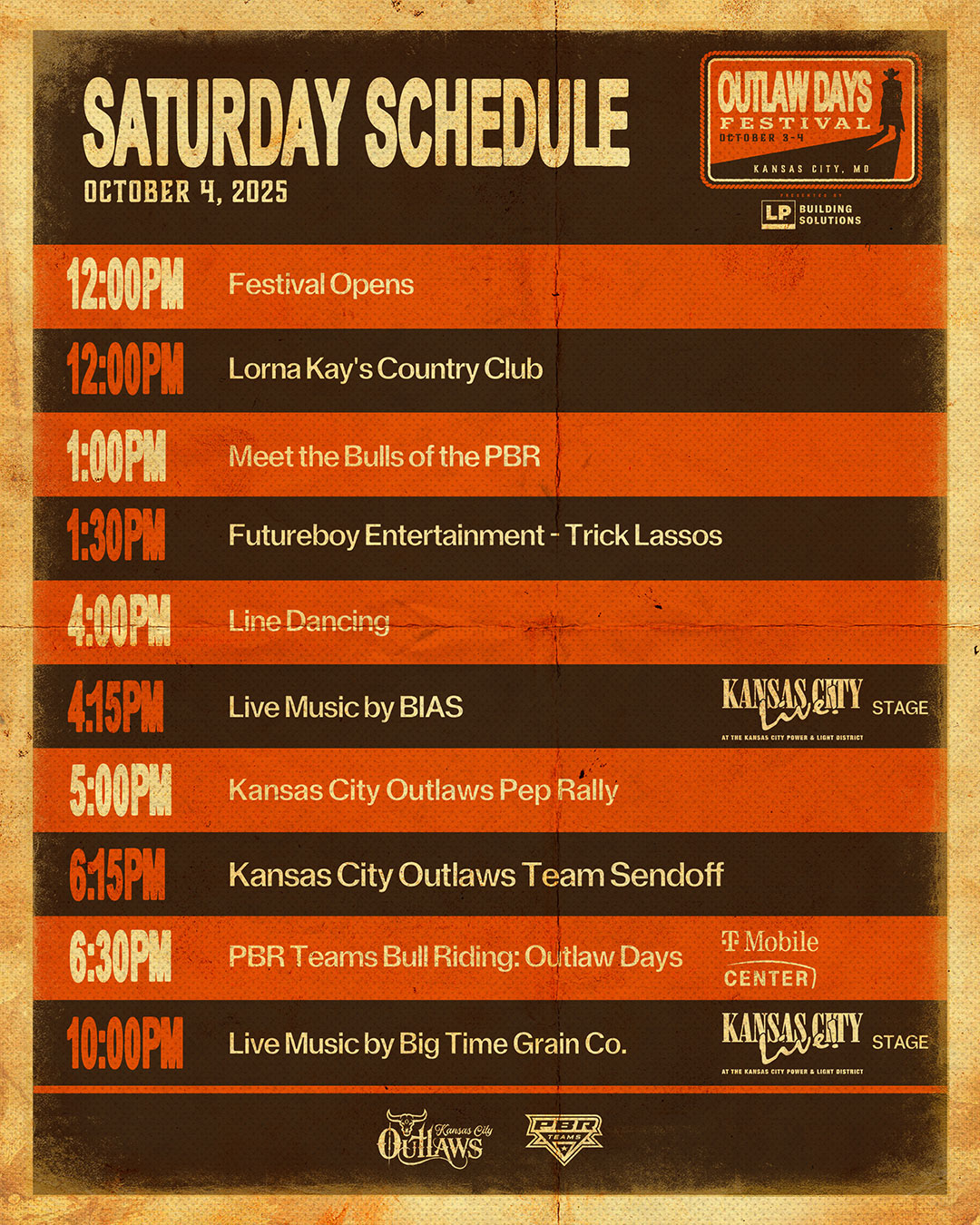 Saturday Schedule for Outlaw Days Festival 2025